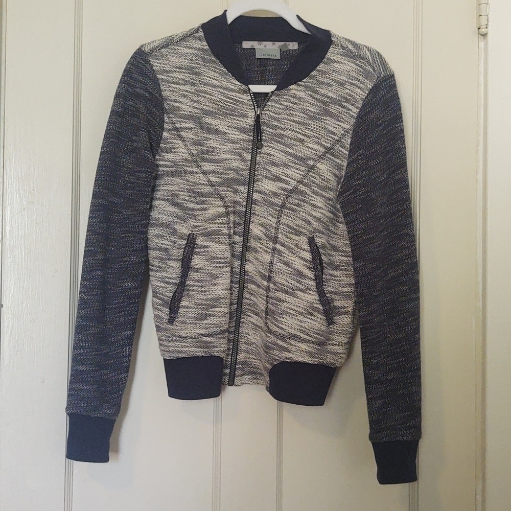 ATHLETA Gray and Navy Bombastic Slub Knit Bomber Full Zip Jacket 138619 Sz S